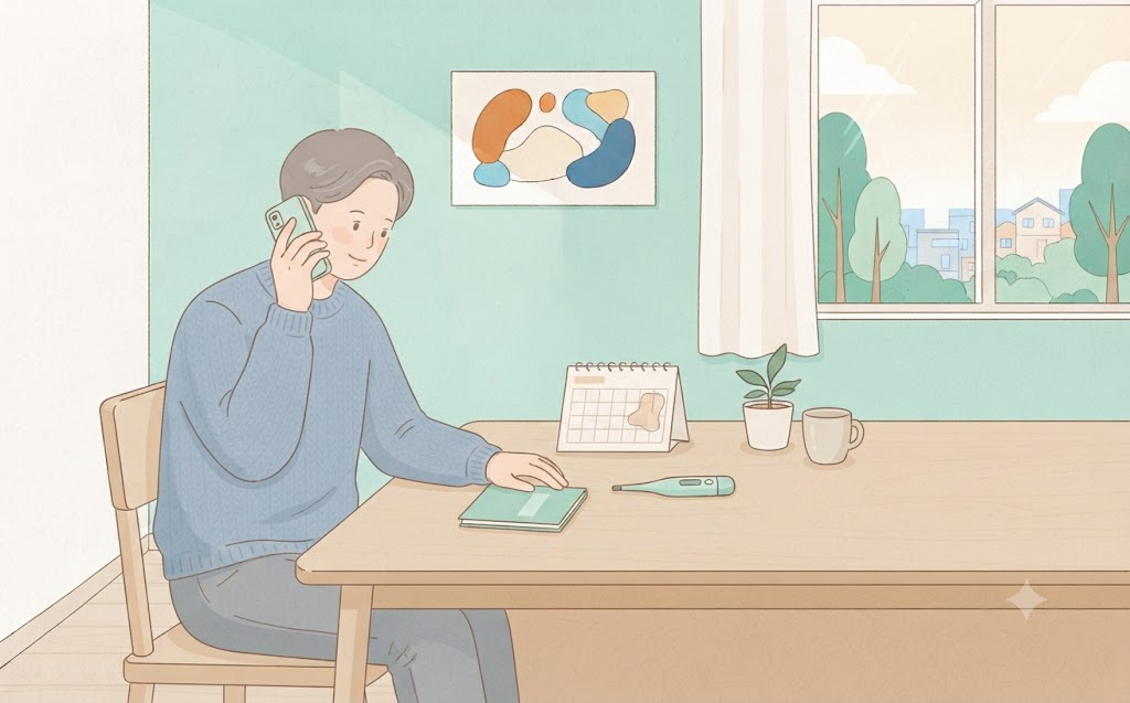 집에서 전화로 병원에 문의하며 달력과 체온계를 확인하는 사람을 그린 일러스트