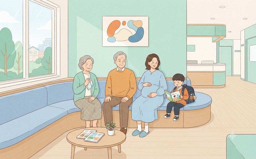 병원 대기실에서 함께 앉아 있는 할머니, 할아버지, 임신부, 어린이를 그린 일러스트