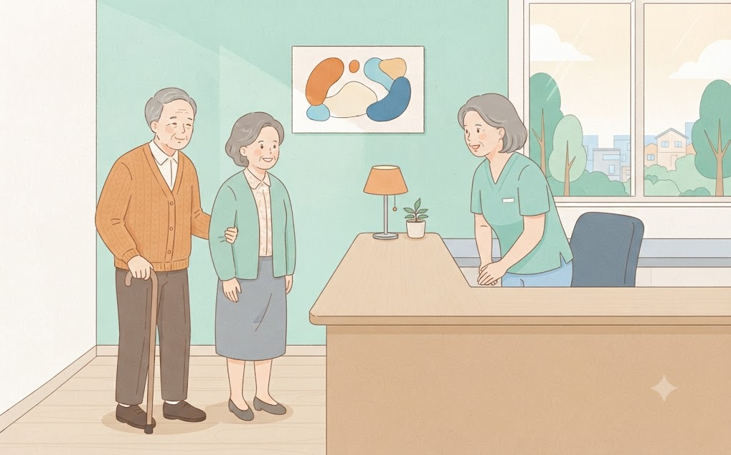 병원 접수대에서 간호사의 안내를 받는 노부부를 그린 일러스트