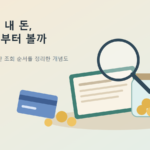 통장, 카드, 동전 항아리와 돋보기가 놓인 숨은 금융자산 조회 개념도