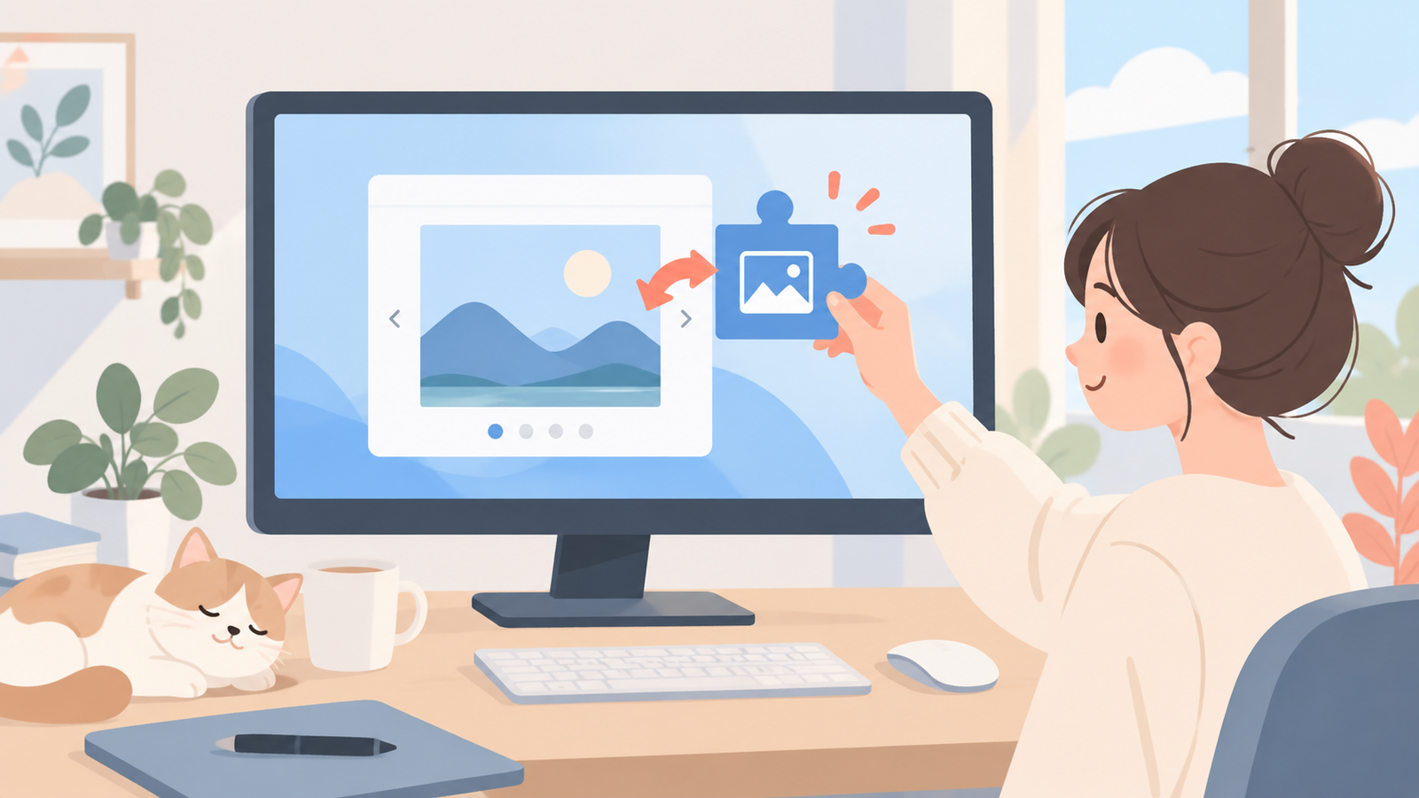 Windows 화면 옆에 이미지 확장 기능을 뜻하는 퍼즐 조각이 놓인 HEIF 지원 개념도