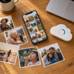 스마트폰과 사진, 클라우드 저장공간을 보여주는 Google Photos 저장공간 관리 개념도