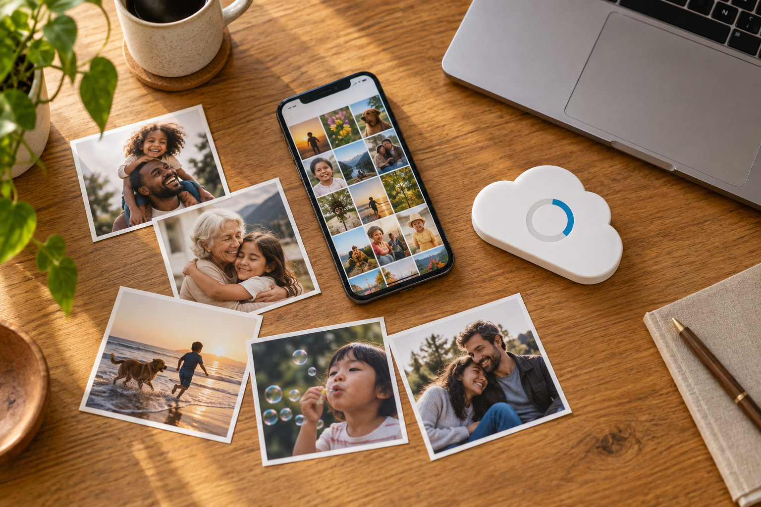 스마트폰과 사진, 클라우드 저장공간을 보여주는 Google Photos 저장공간 관리 개념도