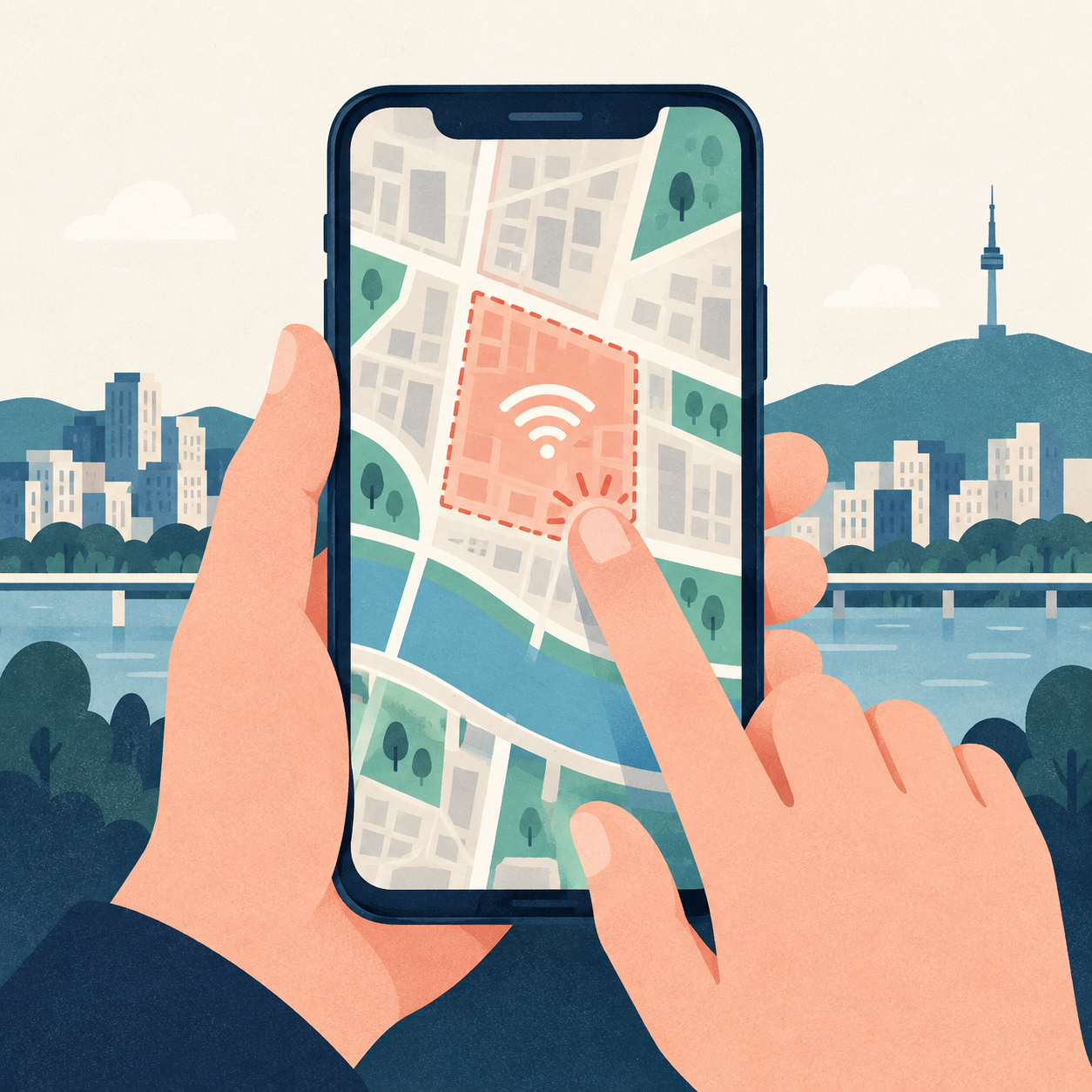 휴대전화 지도에서 여행 지역 범위를 고르는 손과 Wi-Fi 표시 개념도