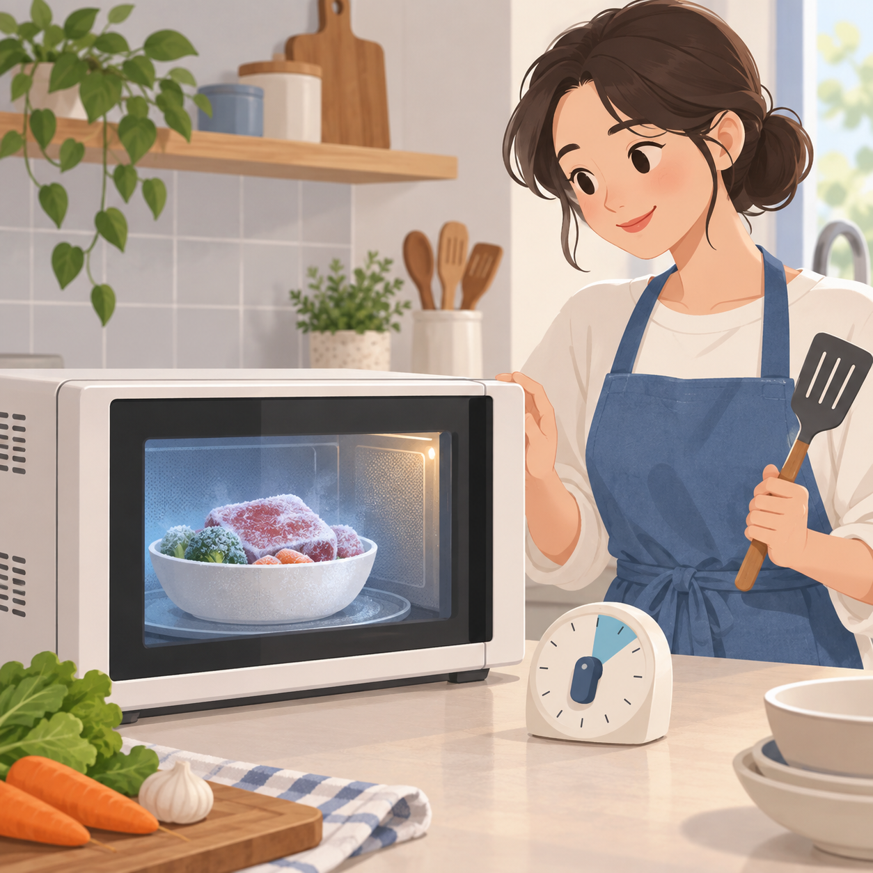 전자레인지 해동 뒤 바로 조리할 준비를 하는 주방 개념도