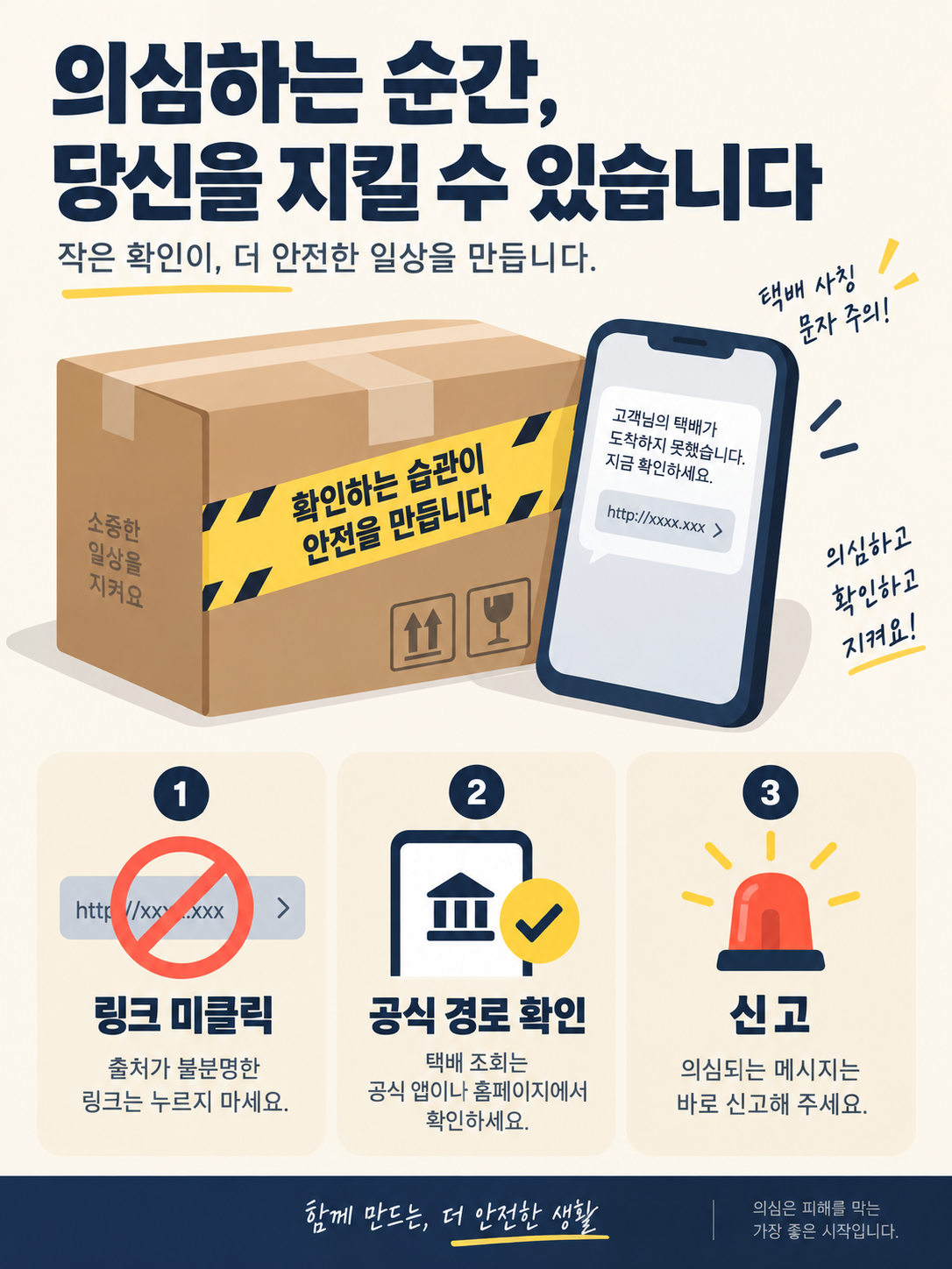 스미싱 의심 문자 대응 개념도 의심 문자에 대응하는 링크 미클릭, 공식 경로 확인, 신고 순서 개념도