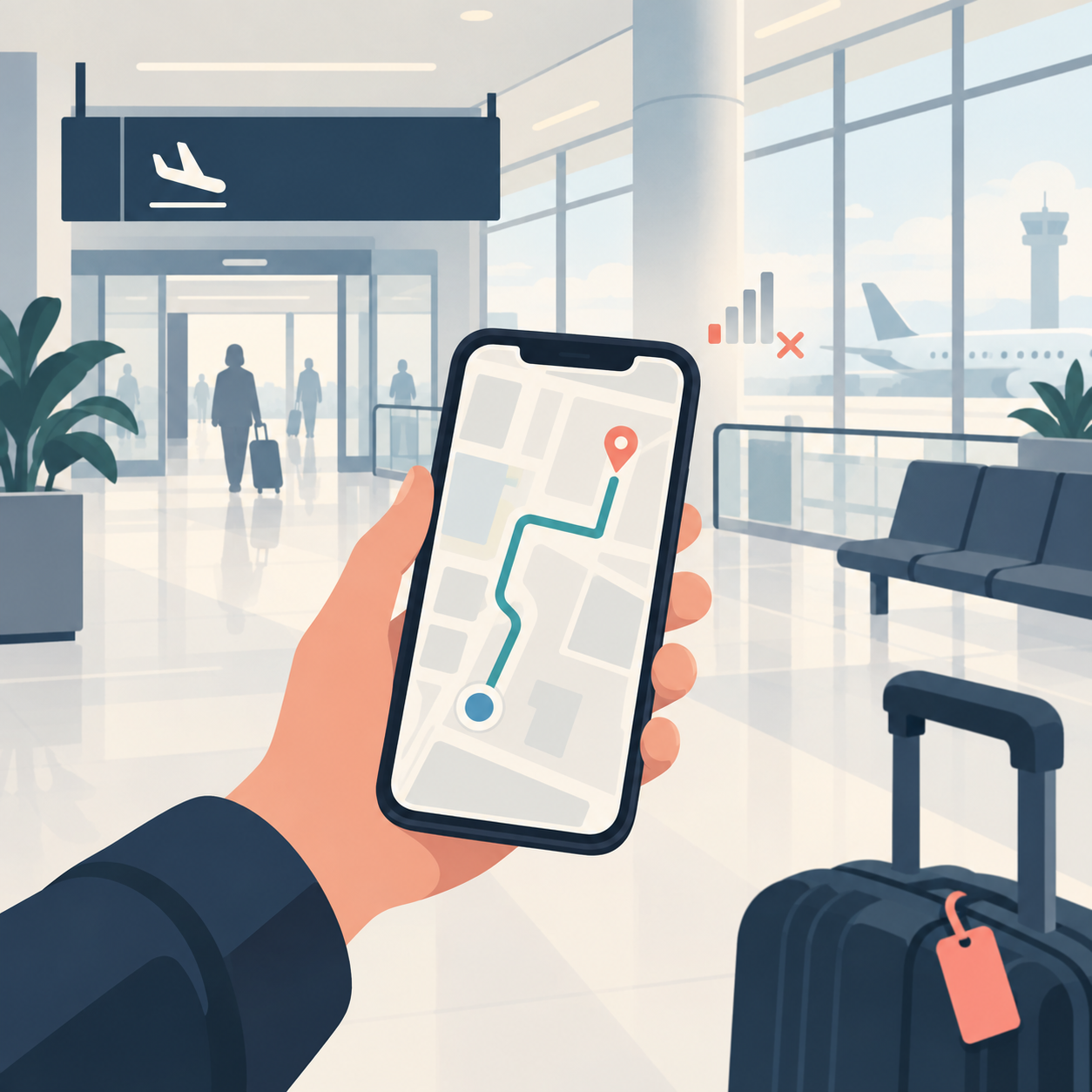공항 도착 공간에서 휴대전화의 저장된 경로를 확인하는 오프라인 길찾기 개념도