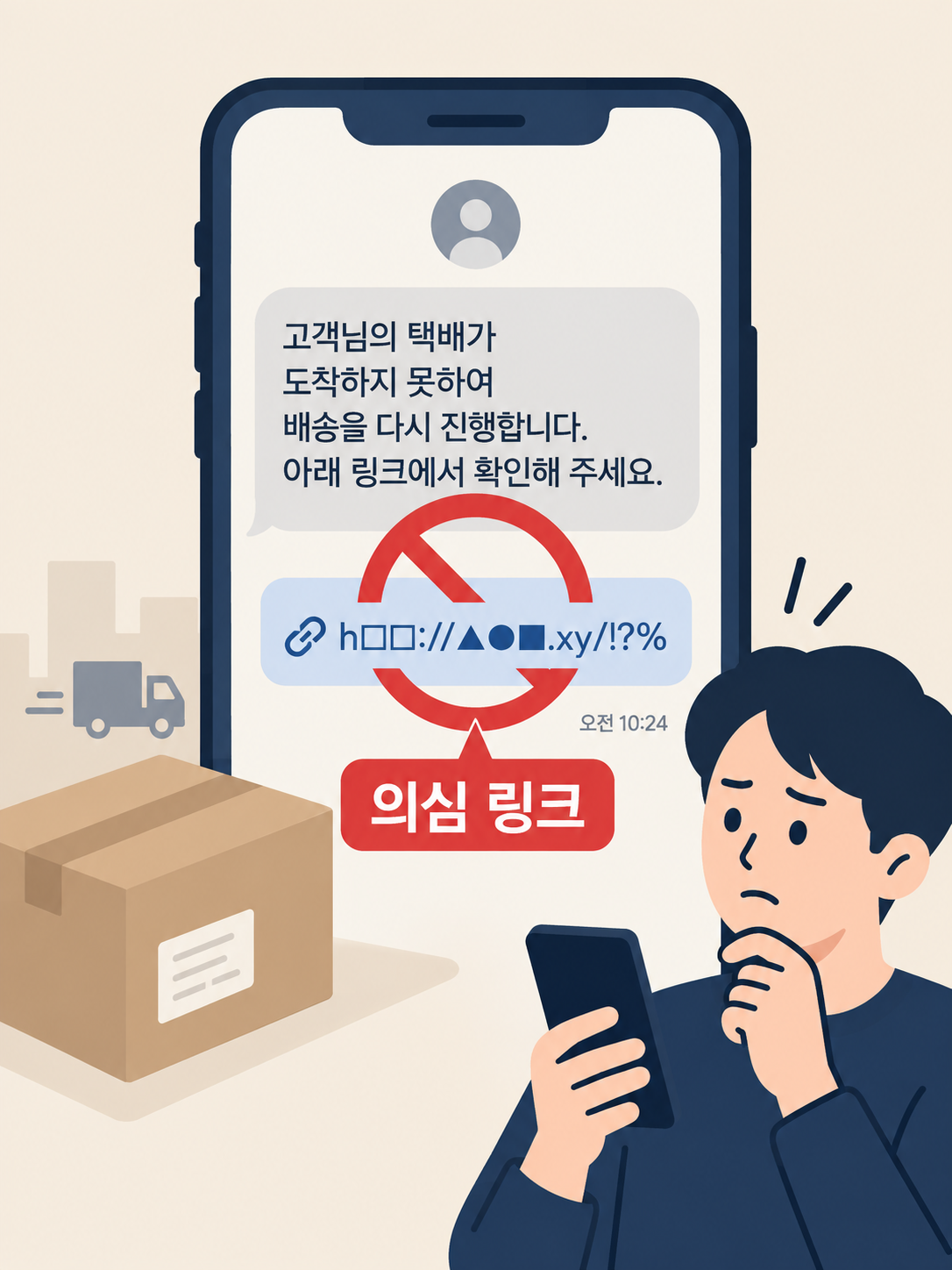 택배 사칭 문자 링크를 경계하는 스마트폰 개념도