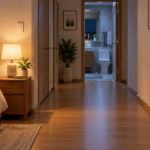 침대 옆 조명과 정리된 통로가 보이는 실내 낙상 예방 개념도