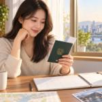여권과 달력을 놓고 여행 일정을 확인하는 모습의 개념도
