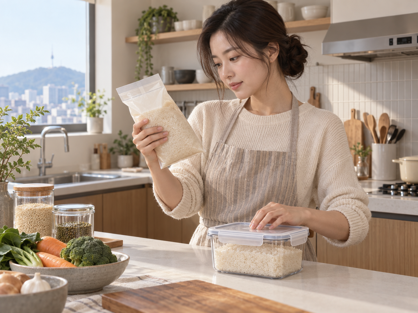 쌀 보관 날짜 확인 개념도 쌀 보관 용기를 닫고 날짜를 확인하는 주방 장면 개념도