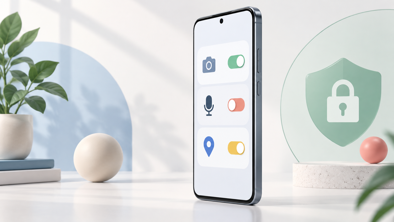 Android 스마트폰에서 카메라 마이크 위치 권한을 점검하는 개념도