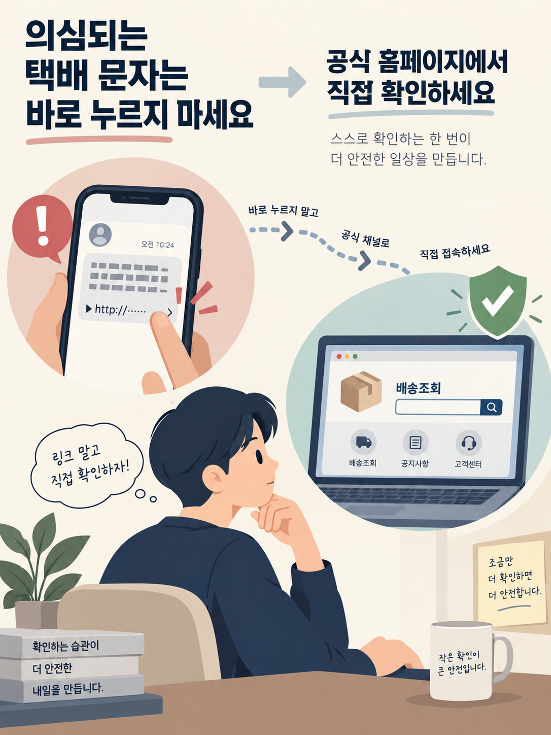 택배 문자 링크 주의 개념도 의심스러운 택배 문자 링크를 누르지 말라는 개념도