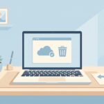OneDrive 휴지통에서 삭제된 문서가 클라우드 폴더로 돌아오는 과정을 그린 미니멀 일러스트