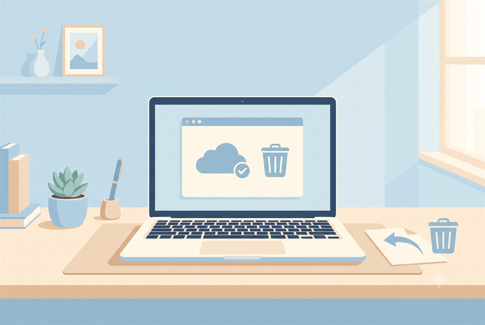 OneDrive 휴지통에서 삭제된 문서가 클라우드 폴더로 돌아오는 과정을 그린 미니멀 일러스트