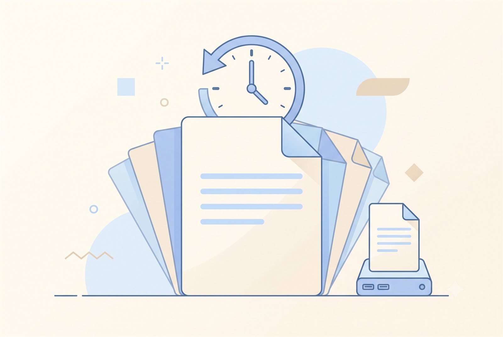OneDrive 버전 기록과 백업 개념도 겹겹이 펼쳐진 문서의 이전 버전 위에 반시계 방향 화살표가 있는 시계와 외장 드라이브 속 백업 문서가 놓인 개념도