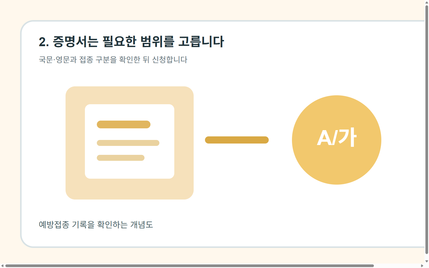 국문과 영문 예방접종증명서의 발급 범위를 고르는 개념도
