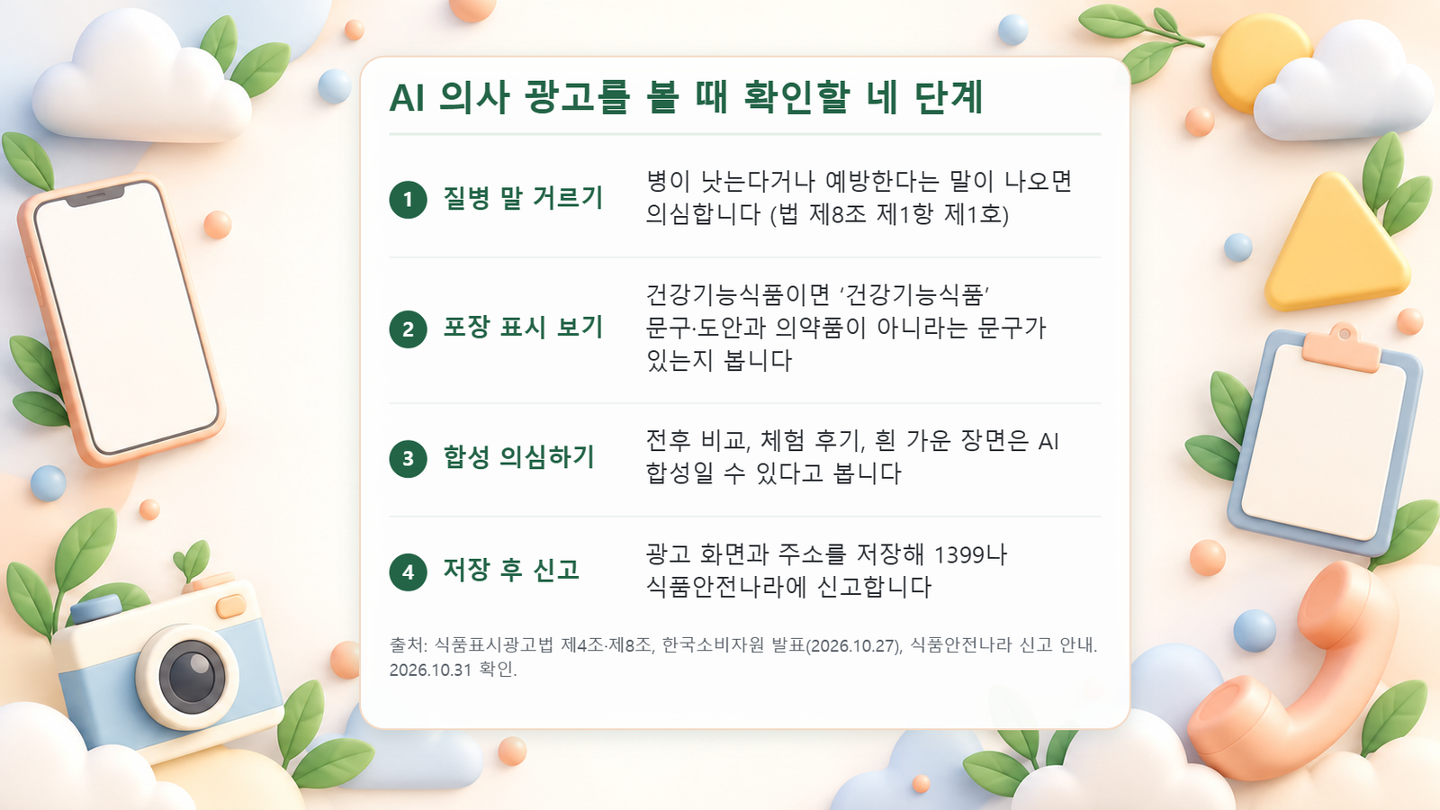 AI 의사가 나오는 식품 광고를 볼 때 확인할 네 단계를 정리한 순서도
