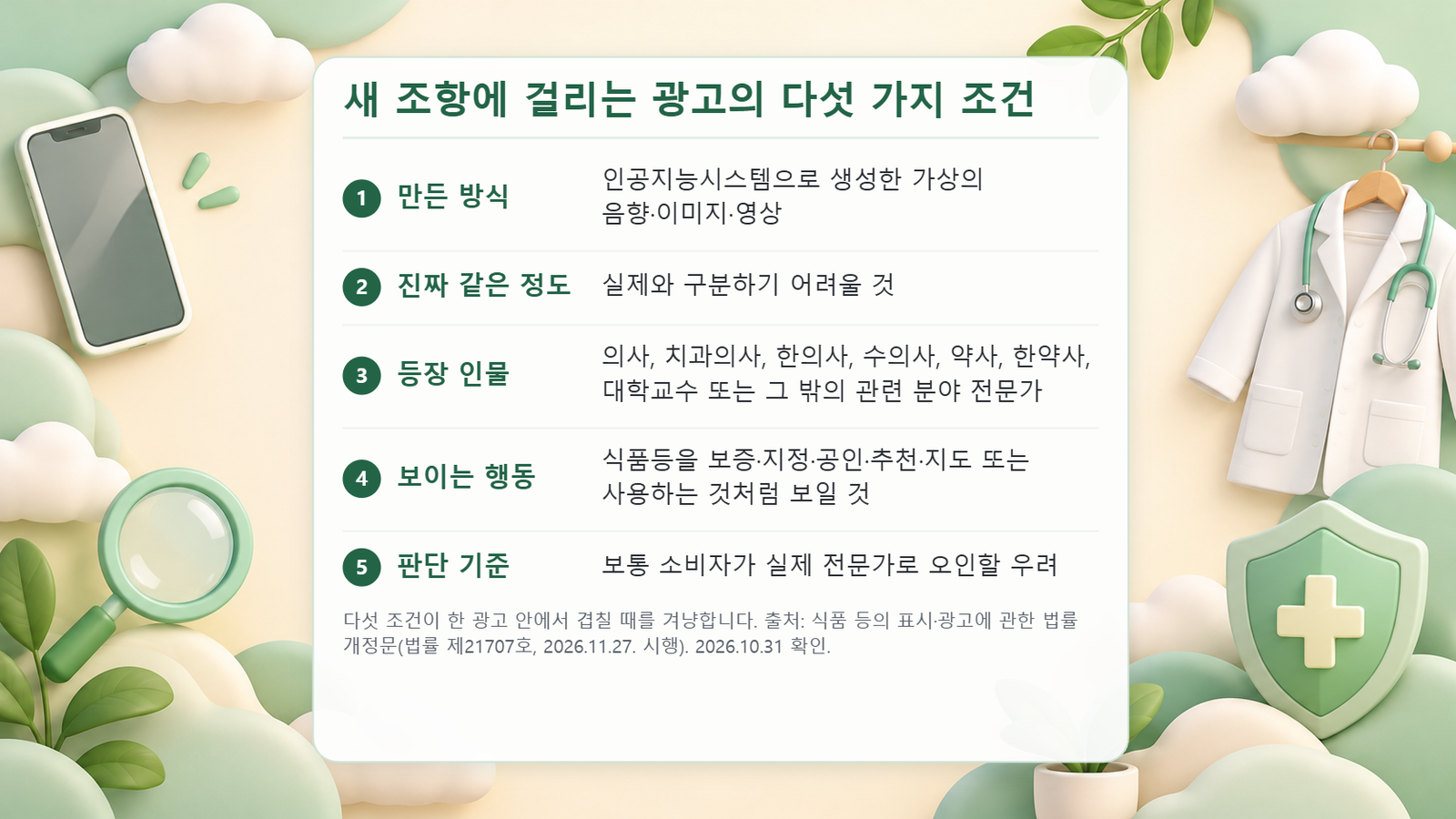 새 조항에 걸리는 AI 가짜 전문가 식품 광고의 다섯 가지 조건을 정리한 표