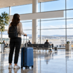 밝은 공항 공간에서 파란 여행가방 옆에 서 있는 여행자