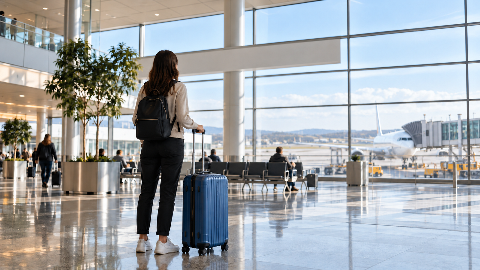 밝은 공항 공간에서 파란 여행가방 옆에 서 있는 여행자