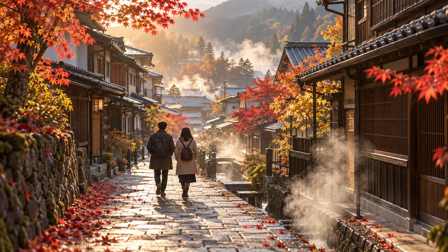 아침 햇살이 드는 온천 마을의 돌길과 단풍, 김이 피어오르는 배수로를 걷는 두 여행자