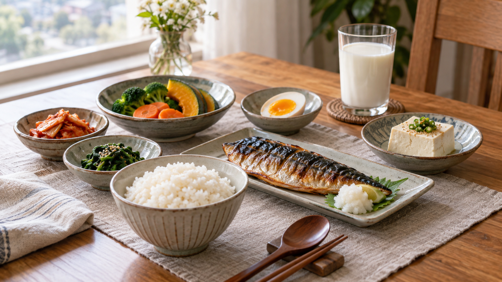 밥, 구운 생선, 삶은 달걀, 두부, 익힌 채소, 우유가 놓인 한식 한 끼 식탁