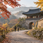 가을 단풍이 든 성곽 문루와 돌담 옆 산책길을 걷는 두 사람