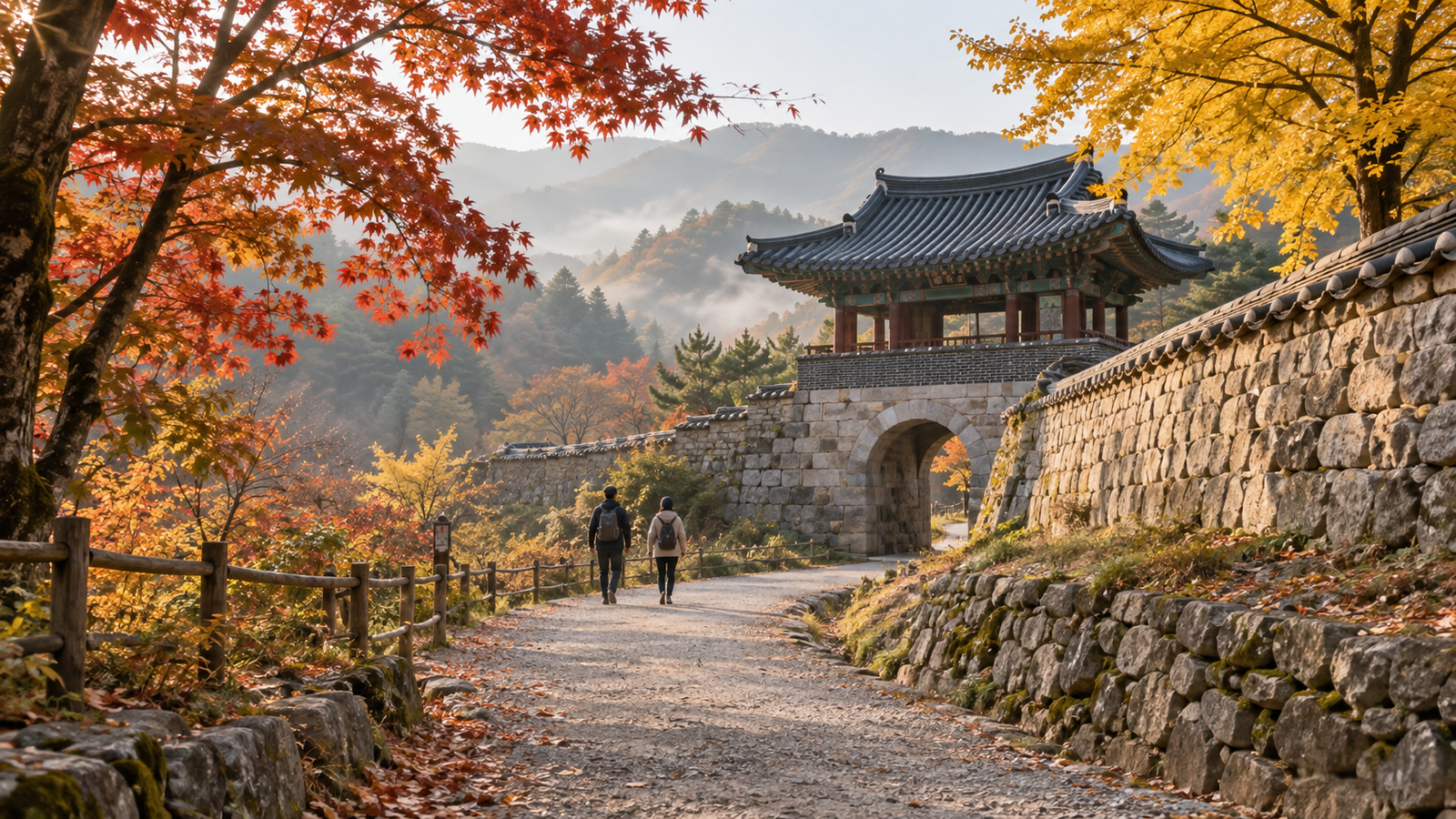 가을 단풍이 든 성곽 문루와 돌담 옆 산책길을 걷는 두 사람