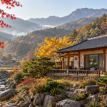 단풍이 든 산골짜기 계곡 옆 한옥풍 펜션과 나무 데크가 있는 가을 아침 풍경
