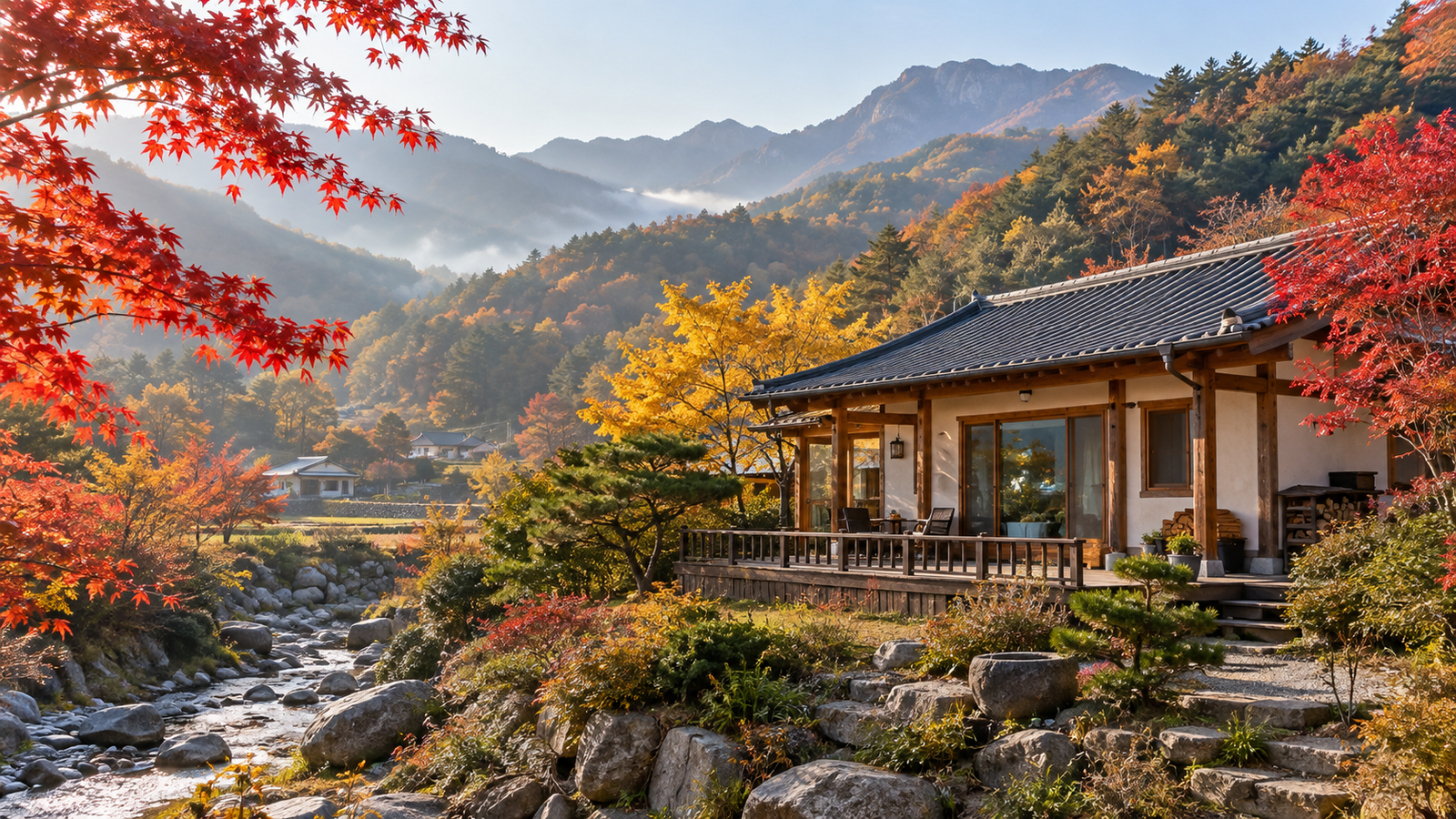 단풍이 든 산골짜기 계곡 옆 한옥풍 펜션과 나무 데크가 있는 가을 아침 풍경