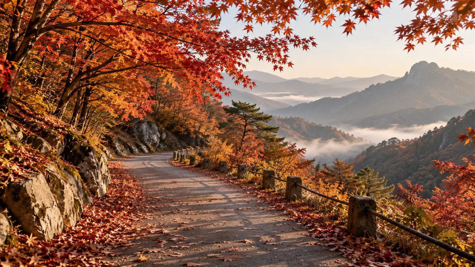 가을 단풍길이 이어진 산길 풍경(AI로 생성한 설명용 이미지)