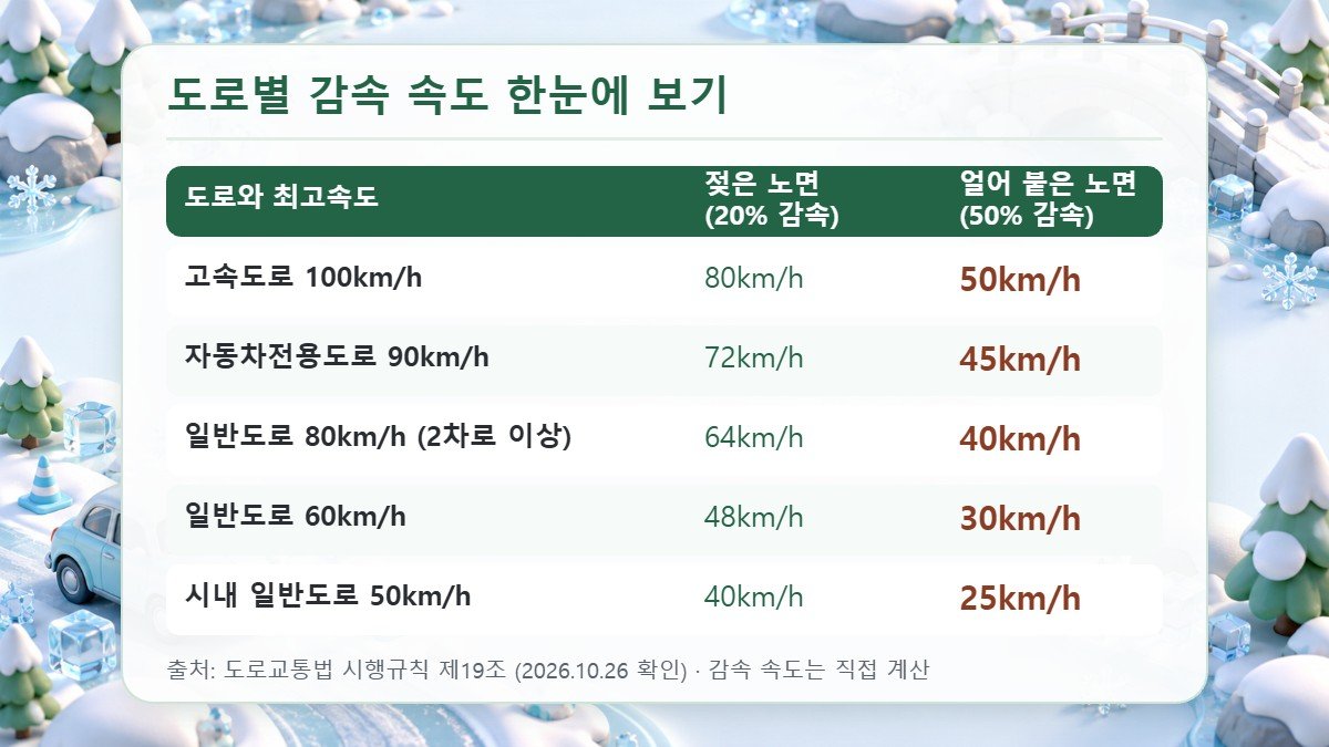 도로별 최고속도와 젖은 노면 20% 감속, 얼어 붙은 노면 50% 감속 속도를 비교한 표(고속도로 100km/h는 80km/h와 50km/h)