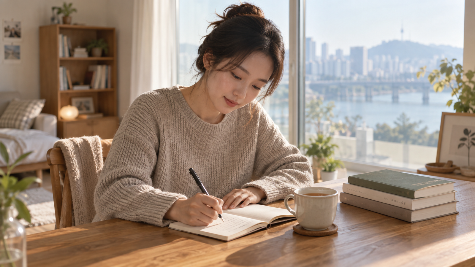 밝은 아파트 책상에서 노트에 읽는 이유를 적고 있는 사람과 옆에 쌓인 책 세 권