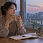 노을 무렵 창가 식탁에서 따뜻한 머그잔을 들고 쉬는 사람과 옆에 놓인 운동화와 노트