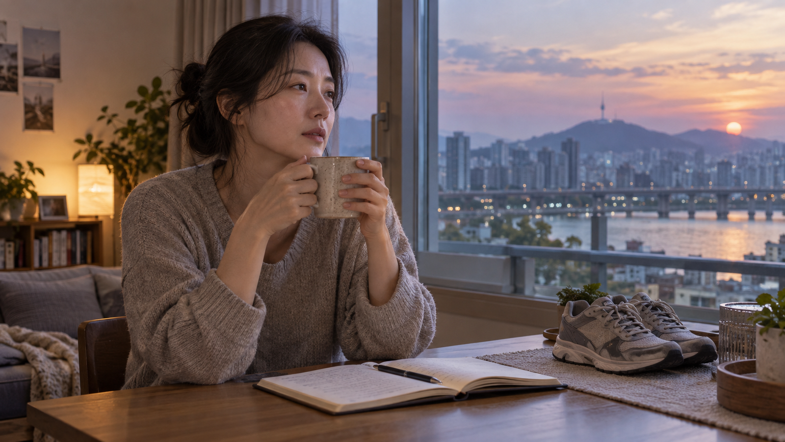 노을 무렵 창가 식탁에서 따뜻한 머그잔을 들고 쉬는 사람과 옆에 놓인 운동화와 노트