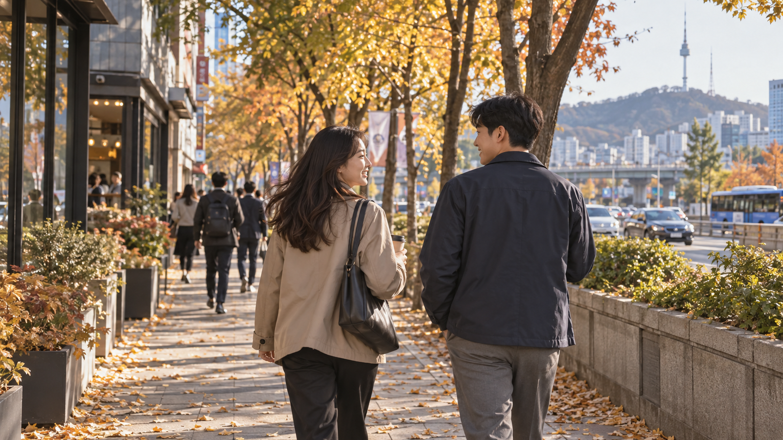 가을 가로수 길을 점심시간에 함께 걷는 두 직장인