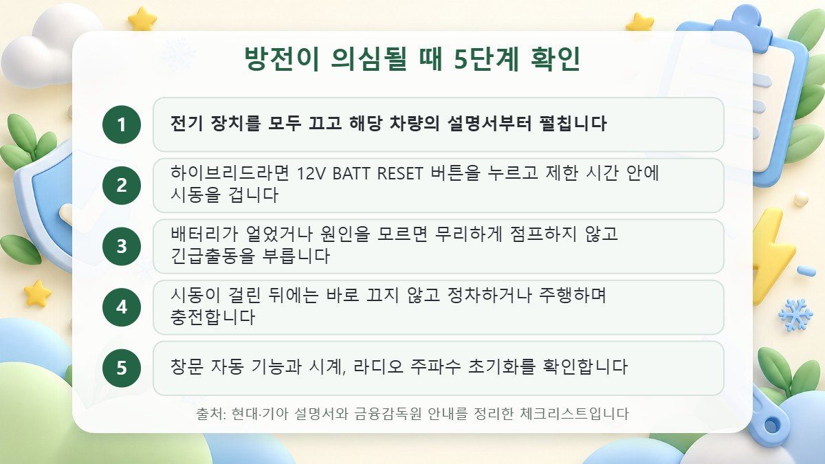 방전이 의심될 때 전기 장치 끄기, 12V 리셋 버튼, 점프 판단, 시동 후 충전, 초기화 확인으로 이어지는 5단계 체크리스트