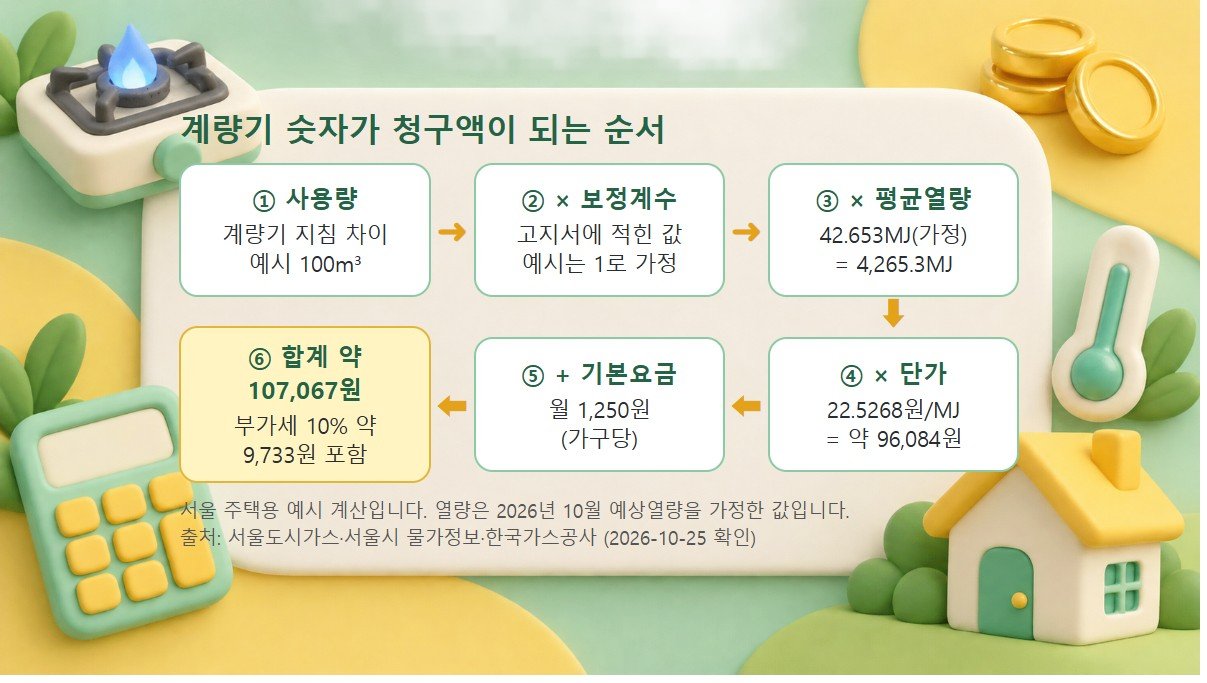 도시가스 요금 계산 순서도 계량기 사용량에 보정계수, 평균열량, 단가를 곱하고 기본요금과 부가세를 더해 청구액이 되는 6단계 순서도