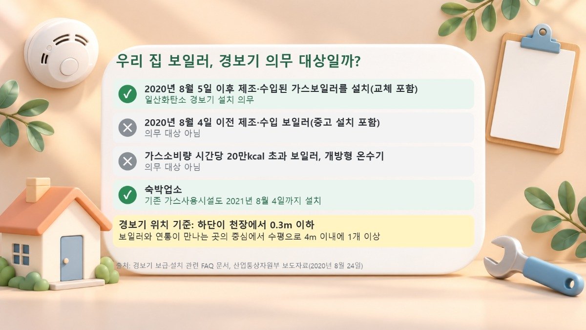 보일러 일산화탄소 경보기 의무 대상 체크리스트 2020년 8월 5일 이후 제조·수입된 가스보일러부터 일산화탄소 경보기 설치가 의무라는 기준과 설치 위치를 정리한 체크리스트