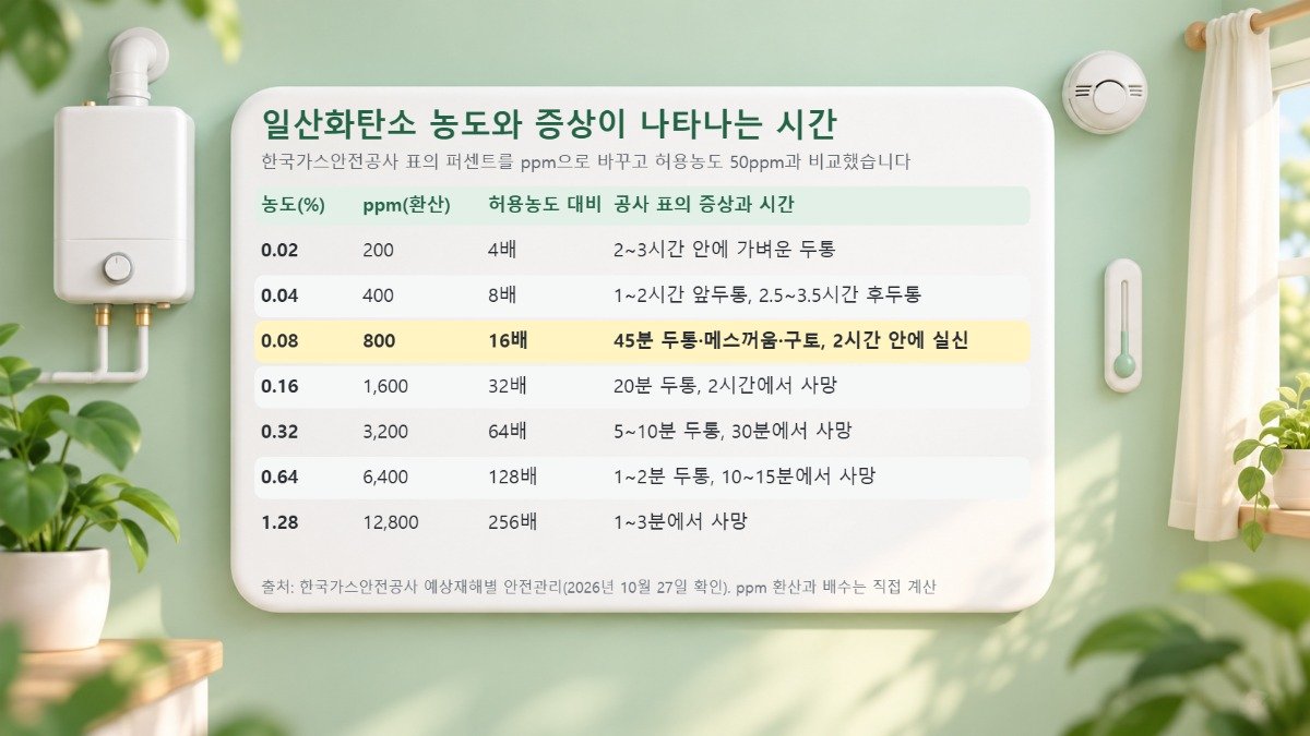 일산화탄소 농도별 증상 시간표 일산화탄소 농도 0.02%에서 1.28%까지 ppm 환산과 허용농도 배수, 증상이 나타나는 시간을 정리한 표