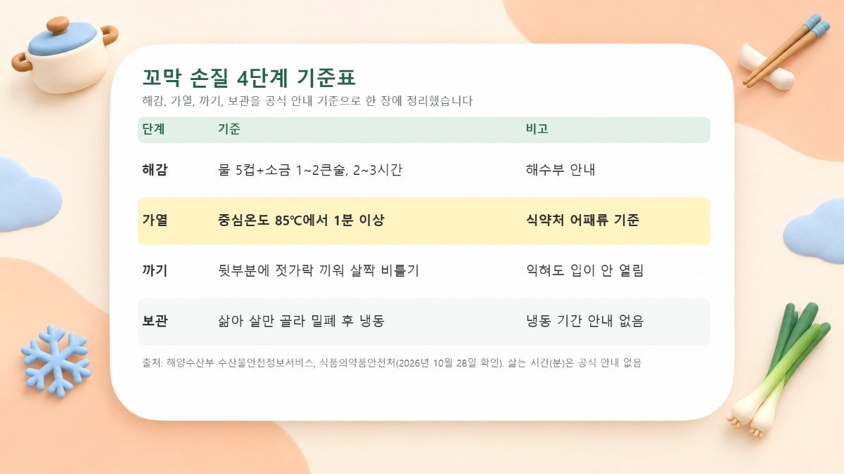 꼬막 손질 4단계 기준표 꼬막 해감은 물 5컵에 소금 1~2큰술로 2~3시간, 가열은 중심온도 85도 1분 이상, 까기는 뒷부분에 젓가락을 끼워 비틀기, 보관은 삶아 살만 골라 밀폐 냉동으로 정리한 표