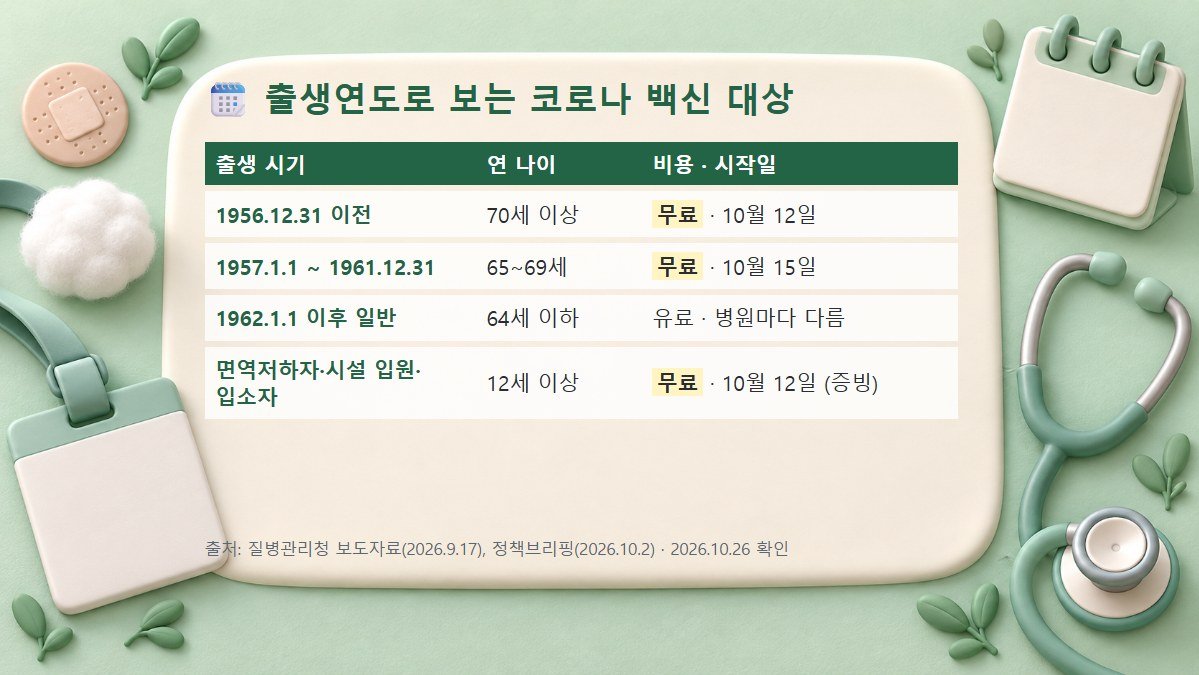 출생연도별 코로나 백신 무료 대상과 시작일 표 출생 시기별로 코로나 백신 무료 여부와 접종 시작일을 정리한 표: 70세 이상 10월 12일, 65~69세 10월 15일, 64세 이하 일반 유료, 면역저하자와 시설 입소자 10월 12일
