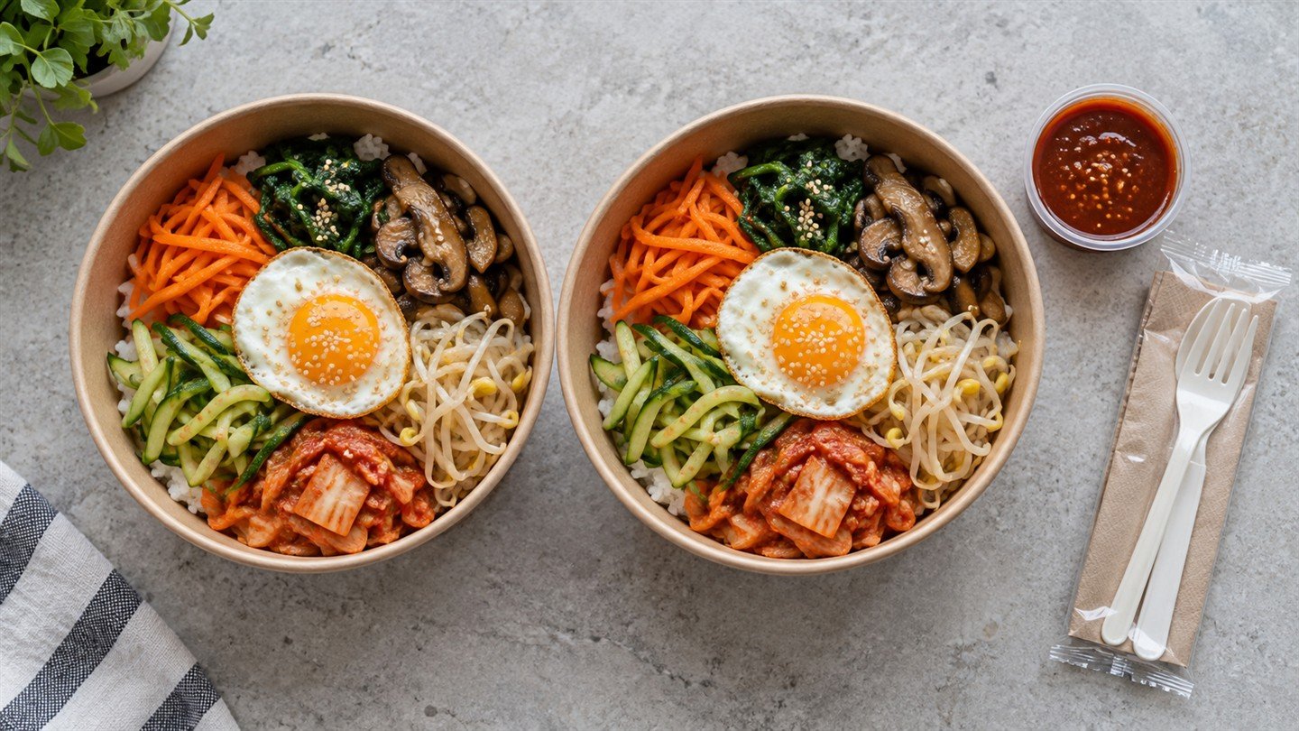 같은 양의 비빔밥 두 그릇과 별도 소스 용기