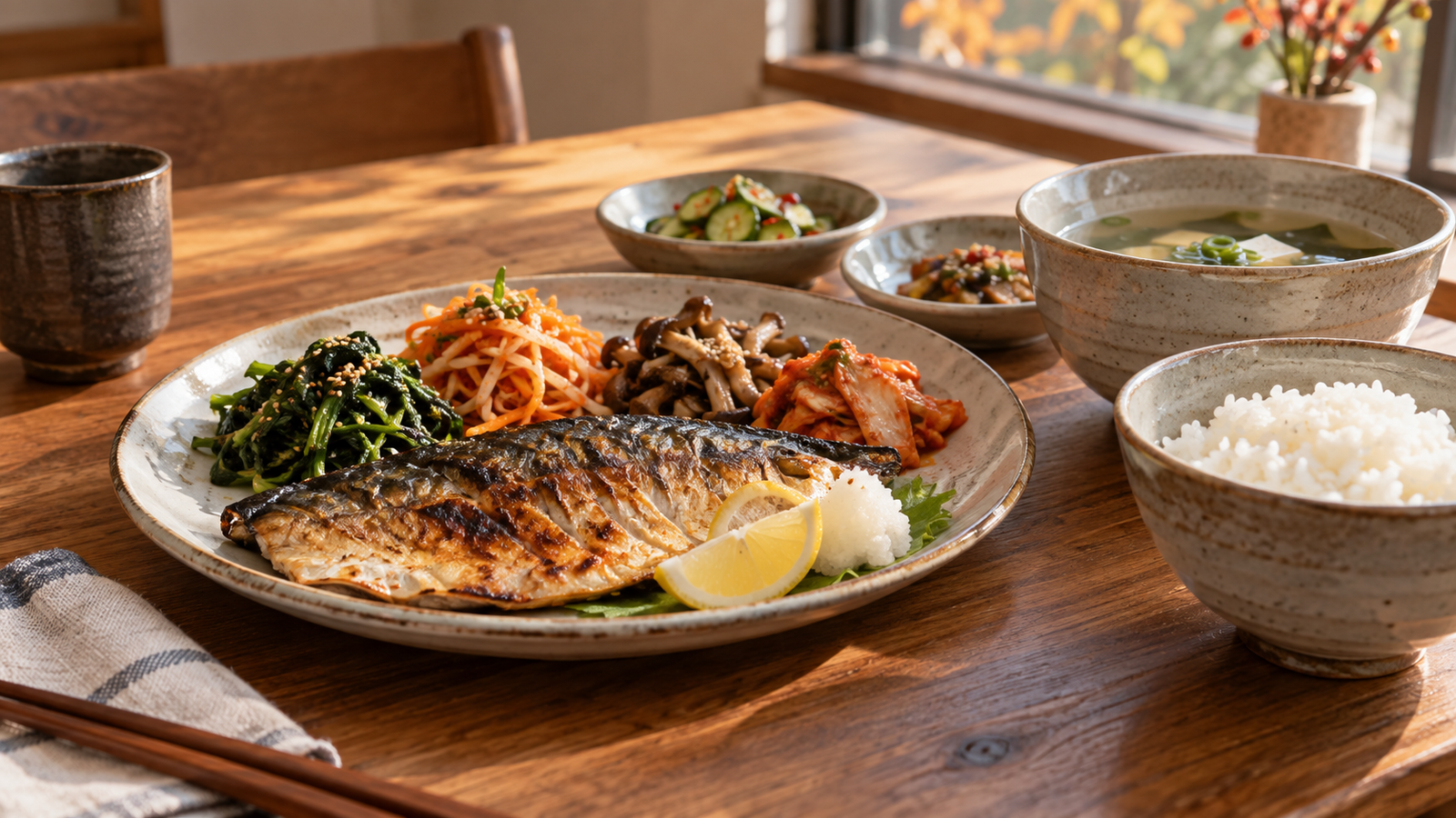 구운 생선, 나물, 버섯볶음, 국과 밥이 함께 차려진 한식 식탁