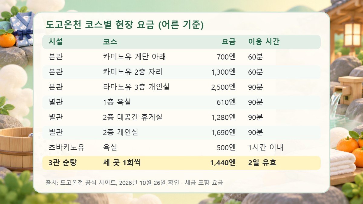 도고온천 코스별 현장 요금표 도고온천 본관·별관·츠바키노유의 코스별 어른 현장 요금과 이용 시간, 3관 순탕 티켓 1,440엔을 정리한 표