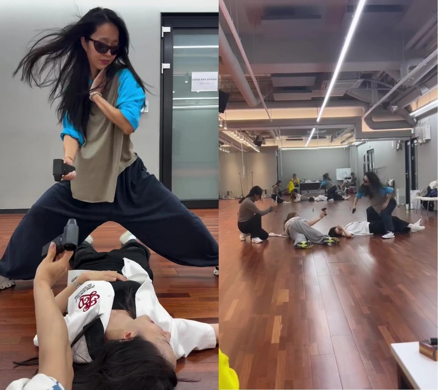 핑클 멤버가 안무 연습실에서 포즈를 잡는 모습이 담긴 두 장의 사진