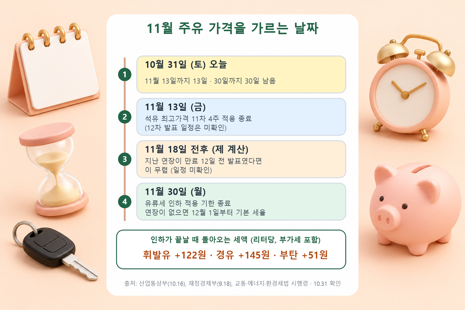 10월 31일 오늘, 11월 13일 석유 최고가격 11차 적용 종료, 11월 18일 전후 연장 발표 가능 시점, 11월 30일 유류세 인하 종료를 순서대로 보여 주는 도식