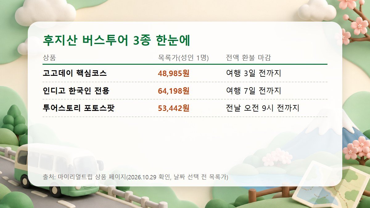 후지산 버스투어 3종 목록가 비교 카드
