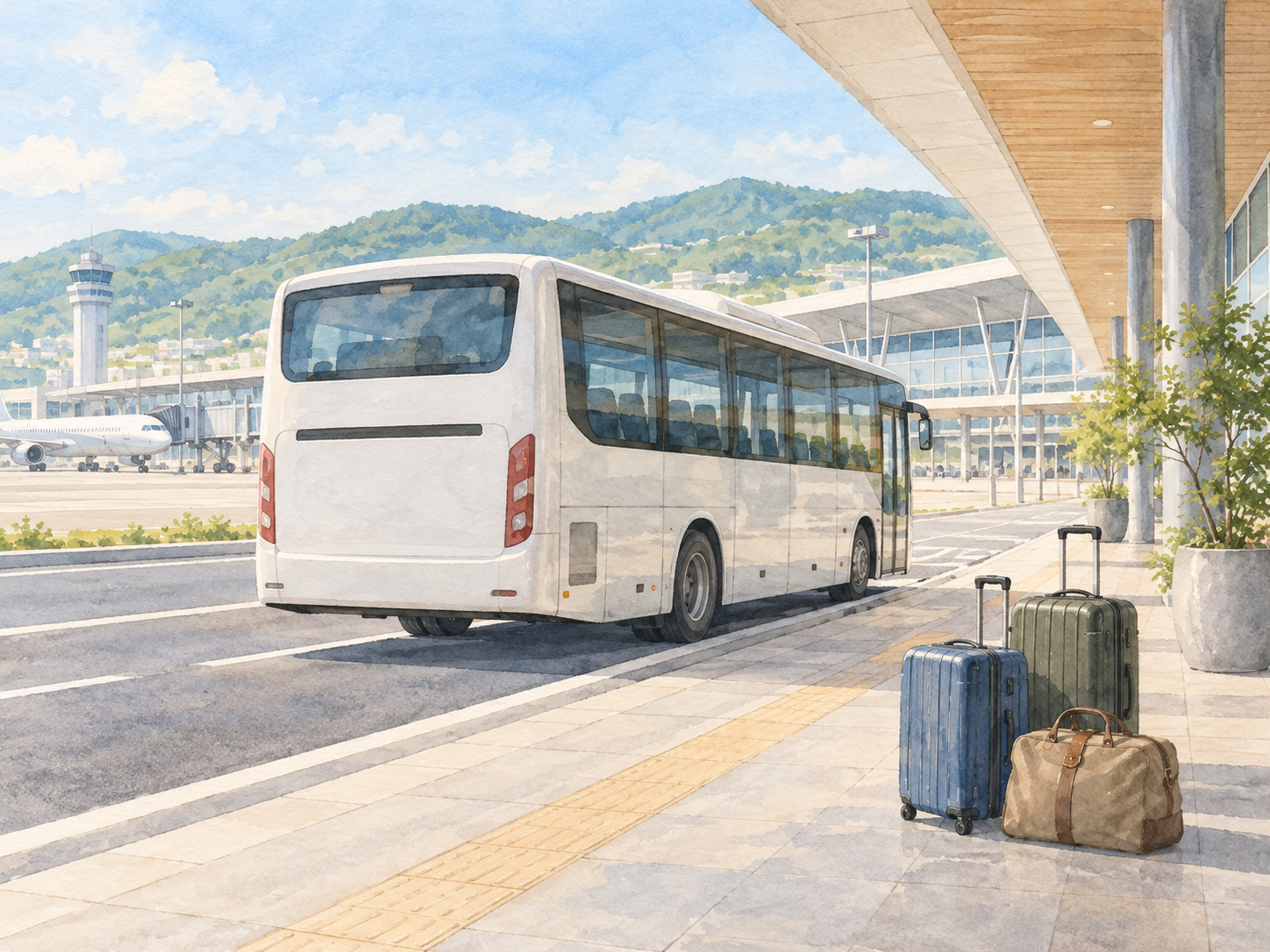 후쿠오카 공항 앞에 선 공항버스와 여행 가방 일러스트